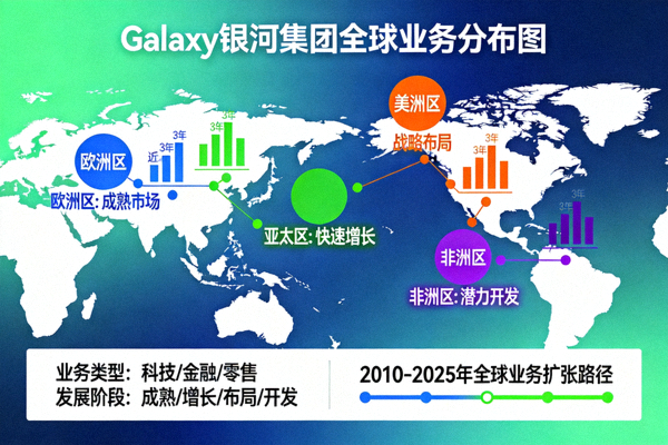 Galaxy银河集团全球业务分布图，展示集团在世界各地的业务布局和发展情况