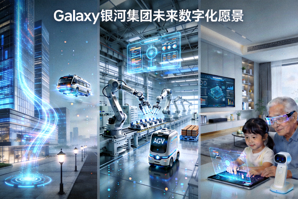 Galaxy银河集团未来数字化愿景展示图，展现智慧城市、智能工厂、数字化生活等场景
